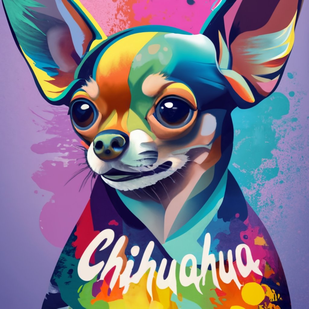 cute chihuahua with typography 'ideogram' on white background, vibrant, illustration, poster